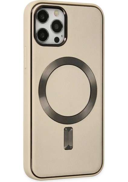 Newface iPhone 12 Pro Max Kılıf Coco Deri Magneticsafe Silikon - Krem