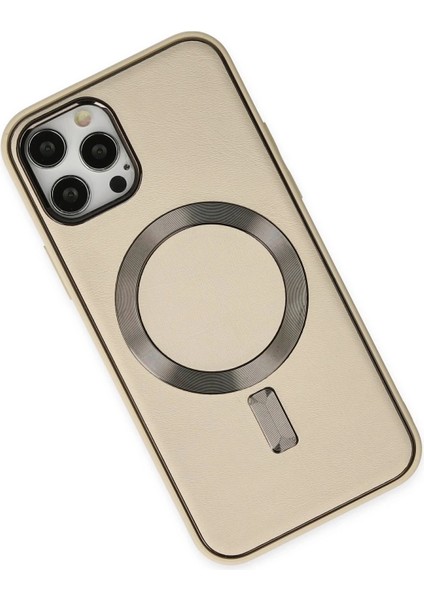 Newface iPhone 12 Pro Max Kılıf Coco Deri Magneticsafe Silikon - Krem