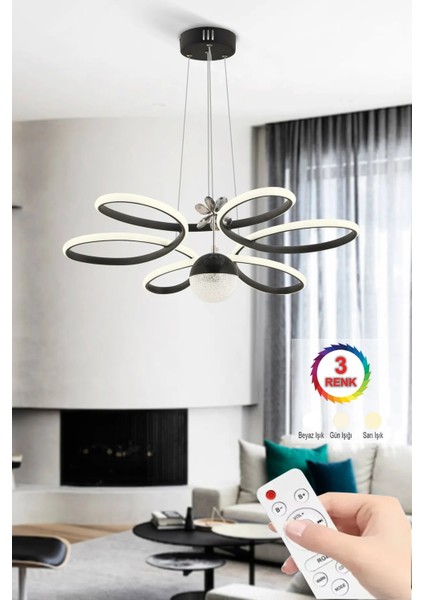 Istanbul Avize Papatya Siyah Kumandalı 3 Renk Ledli Modern LED Avize
