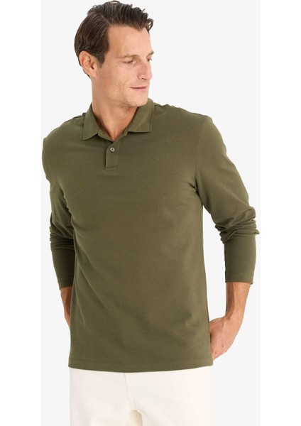 %100 Pamuk New Regular Fit Basic Düz Uzun Kollu Dokulu Pike Polo Tişört D7530AX25SP