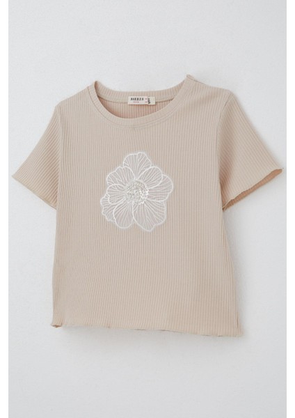 Kız Çocuk Tişört Tül Çiçek Armalı Boncuk Aksesuarlı Kemer Boy 8-14 Yaş, Bej modelleri