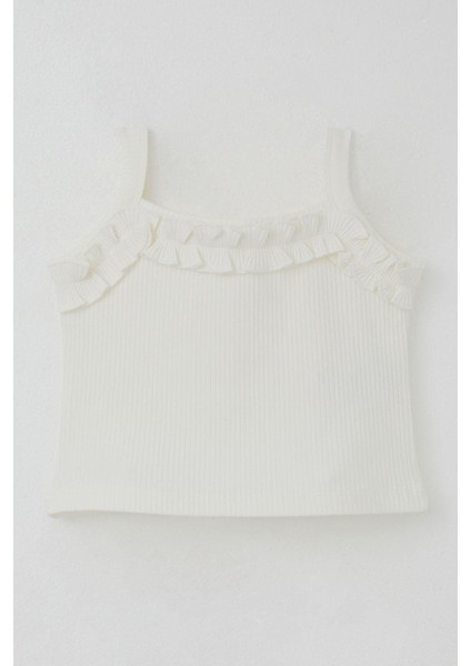 Kız Çocuk Askılı Crop Tişört Fırfır Detaylı 8-14 Yaş, Ekru