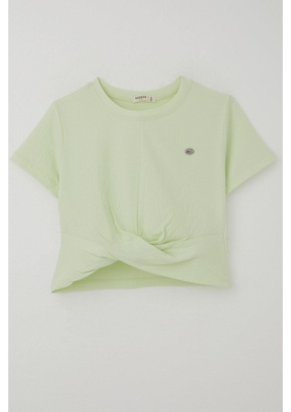 Kız Çocuk Tişört Armalı Göbek Kısmı Dekolte Detaylı 9-16 Yaş, Su Yeşili