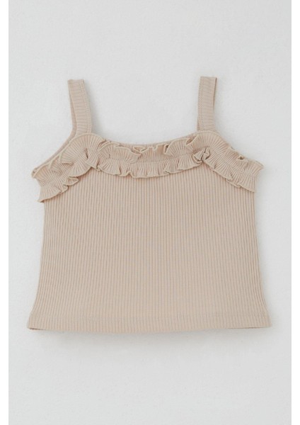 Kız Çocuk Askılı Crop Tişört Fırfır Detaylı 8-14 Yaş, Bej