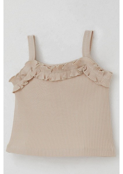 Kız Çocuk Askılı Crop Tişört Fırfır Detaylı 8-14 Yaş, Bej modelleri
