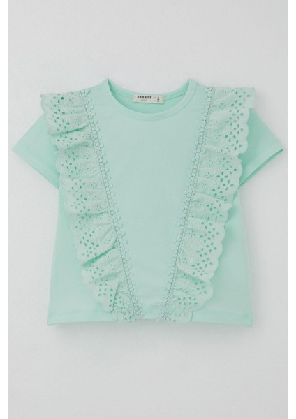 Kız Çocuk Tişört Güpürlü Çiçekleri Nakışlı 1.5-5 Yaş, Su Yeşili fırsatları