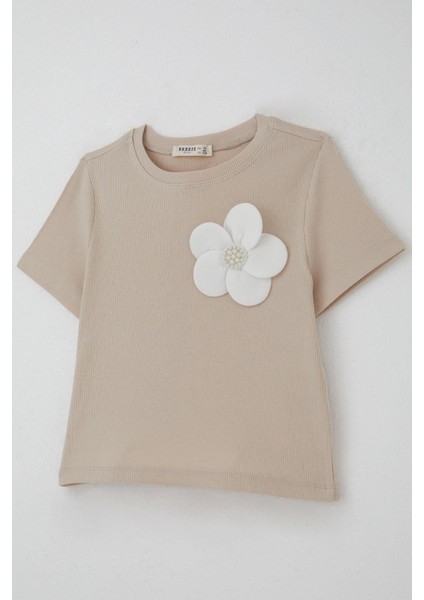 Kız Çocuk Tişört Çiçek Aksesuarlı Inci Detaylı 9-14 Yaş, Bej modelleri