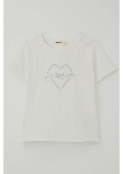 Kız Çocuk Tişört Taş Detaylı Kalp Baskılı 8-14 Yaş, Ekru