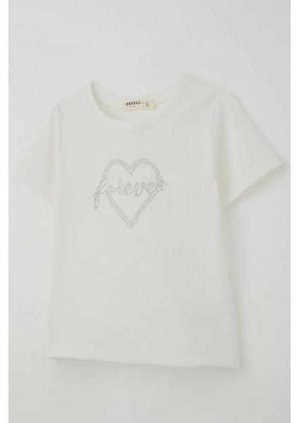 Kız Çocuk Tişört Taş Detaylı Kalp Baskılı 8-14 Yaş, Ekru modelleri