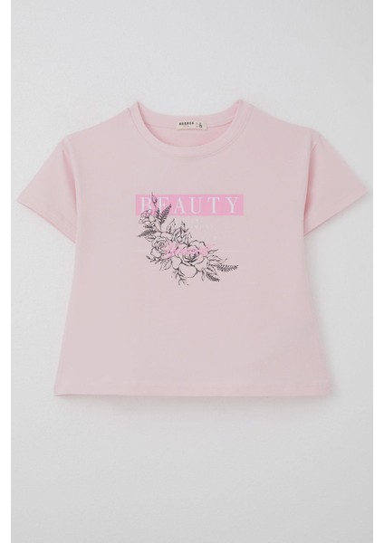 Kız Çocuk Tişört Çiçek Baskılı 8-14 Yaş, Pembe