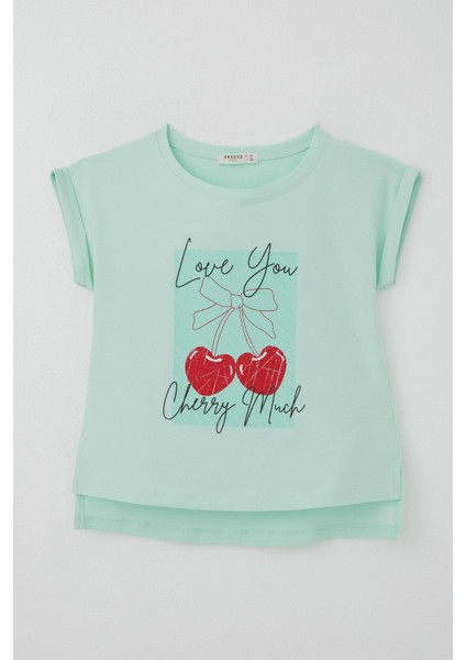 Kız Çocuk Tişört Sevgi Temalı Kalp Fiyonk Baskılı 10-16 Yaş, Su Yeşili