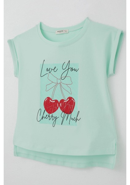 Kız Çocuk Tişört Sevgi Temalı Kalp Fiyonk Baskılı 10-16 Yaş, Su Yeşili modelleri