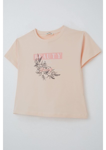Kız Çocuk Tişört Çiçek Baskılı 8-14 Yaş, Pudra modelleri