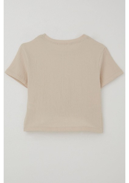 Kız Çocuk Tişört Armalı Göbek Kısmı Dekolte Detaylı 9-16 Yaş, Bej fiyatları