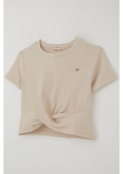 Kız Çocuk Tişört Armalı Göbek Kısmı Dekolte Detaylı 9-16 Yaş, Bej modelleri