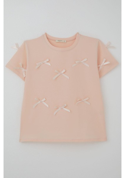 Kız Çocuk Tişört Fiyonk Aksesuar Detaylı 9-14 Yaş, Pudra