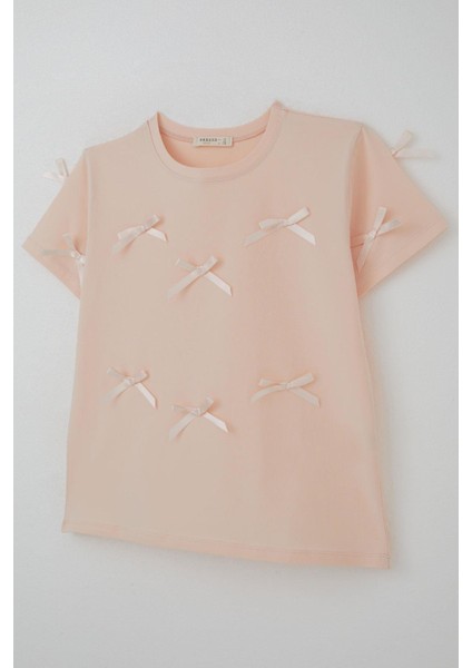 Kız Çocuk Tişört Fiyonk Aksesuar Detaylı 9-14 Yaş, Pudra modelleri