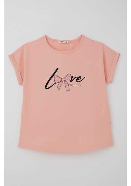 Kız Çocuk Tişört Sevgi Temalı Yazı Baskılı Simli 9-14 Yaş, Somon