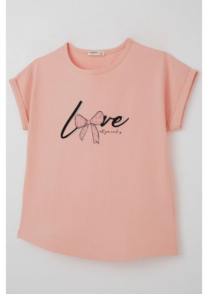 Kız Çocuk Tişört Sevgi Temalı Yazı Baskılı Simli 9-14 Yaş, Somon modelleri