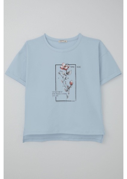 Kız Çocuk Tişört Taş Aksesuarlı Çiçek Baskılı 9-16 Yaş, Açık Mavi