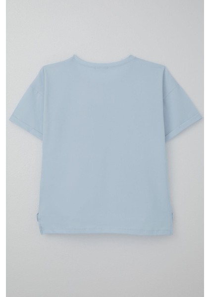 Kız Çocuk Tişört Taş Aksesuarlı Çiçek Baskılı 9-16 Yaş, Açık Mavi fiyatları