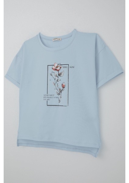 Kız Çocuk Tişört Taş Aksesuarlı Çiçek Baskılı 9-16 Yaş, Açık Mavi modelleri