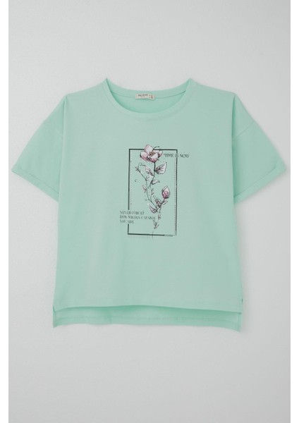 Kız Çocuk Tişört Taş Aksesuarlı Çiçek Baskılı 9-16 Yaş, Su Yeşili