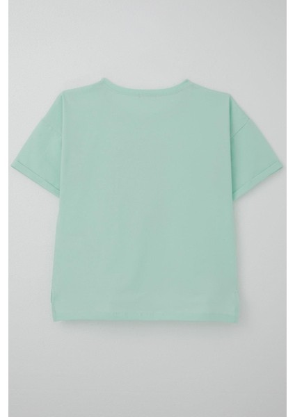 Kız Çocuk Tişört Taş Aksesuarlı Çiçek Baskılı 9-16 Yaş, Su Yeşili fiyatları