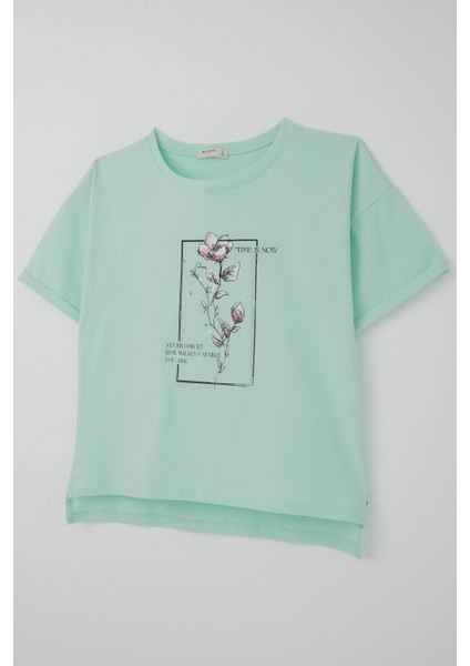 Kız Çocuk Tişört Taş Aksesuarlı Çiçek Baskılı 9-16 Yaş, Su Yeşili modelleri