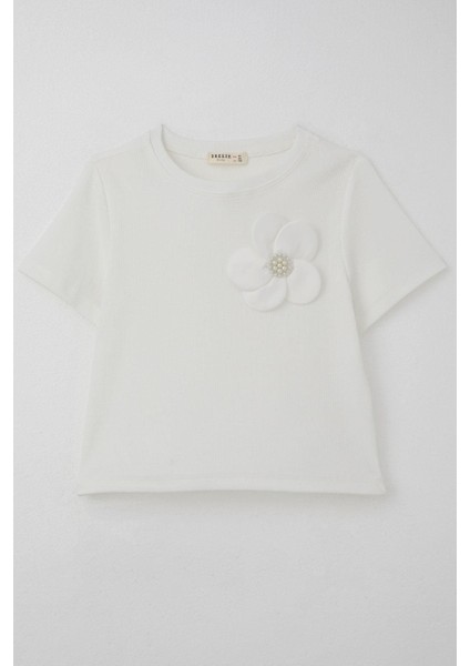 Kız Çocuk Tişört Çiçek Aksesuarlı Inci Detaylı 9-14 Yaş, Ekru