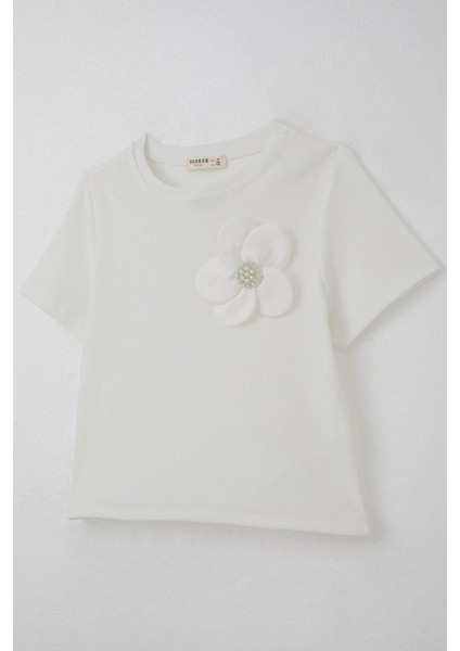 Kız Çocuk Tişört Çiçek Aksesuarlı Inci Detaylı 9-14 Yaş, Ekru modelleri