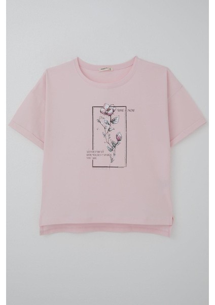 Kız Çocuk Tişört Taş Aksesuarlı Çiçek Baskılı 9-16 Yaş, Pembe