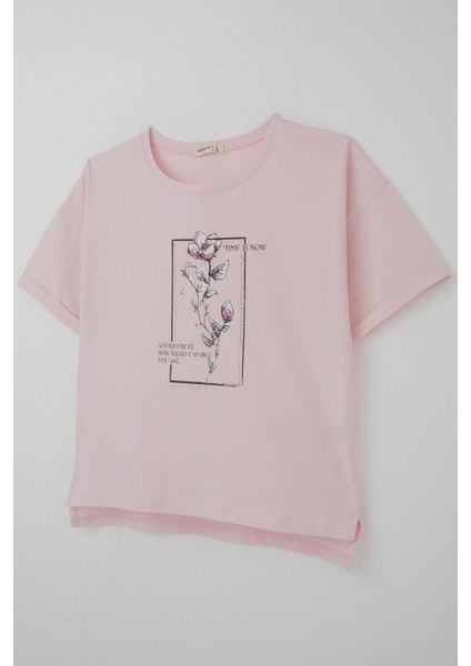 Kız Çocuk Tişört Taş Aksesuarlı Çiçek Baskılı 9-16 Yaş, Pembe modelleri