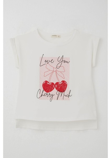 Kız Çocuk Tişört Sevgi Temalı Kalp Fiyonk Baskılı 10-16 Yaş, Ekru