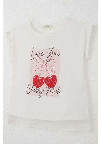 Kız Çocuk Tişört Sevgi Temalı Kalp Fiyonk Baskılı 10-16 Yaş, Ekru modelleri