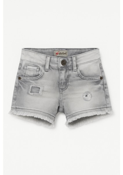 Kız Çocuk Gri Yıkamalı Yırtık Detaylı Kot Şort - Püsküllü Paçalı Yazlık Denim