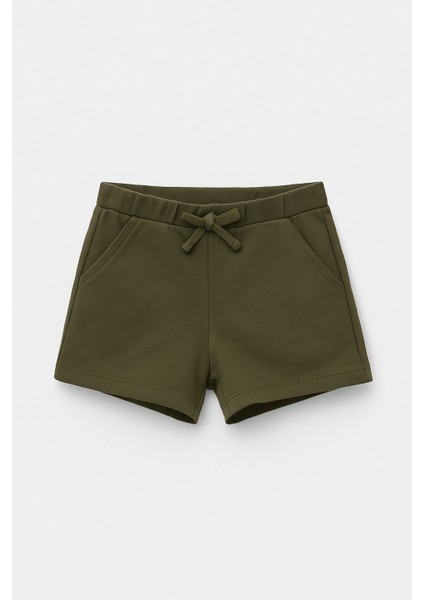 Kız Çocuk Pamuklu Haki Şort - Cepli, Bağcıklı, Yazlık