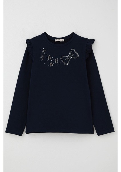 Kız Çocuk Uzun Kollu Tişört Işıltılı Taş Işleme Detaylı 4-10 Yaş, Lacivert
