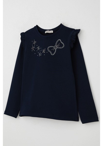 Kız Çocuk Uzun Kollu Tişört Işıltılı Taş Işleme Detaylı 4-10 Yaş, Lacivert modelleri