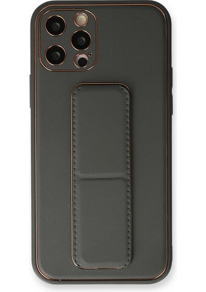 Newface iPhone 12 Pro Max Kılıf Coco Deri Standlı Kapak - Füme