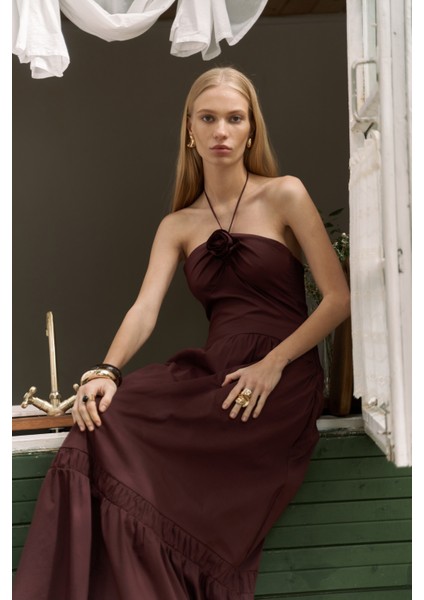 Elisa Gül Detay Bordo Uzun Elbise