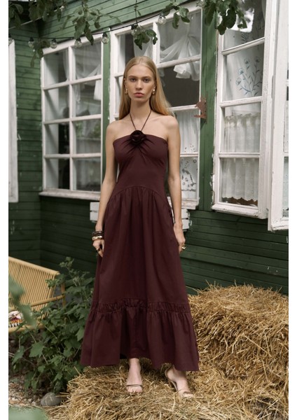 Elisa Gül Detay Bordo Uzun Elbise fiyatları