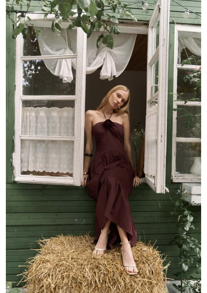 Elisa Gül Detay Bordo Uzun Elbise modelleri