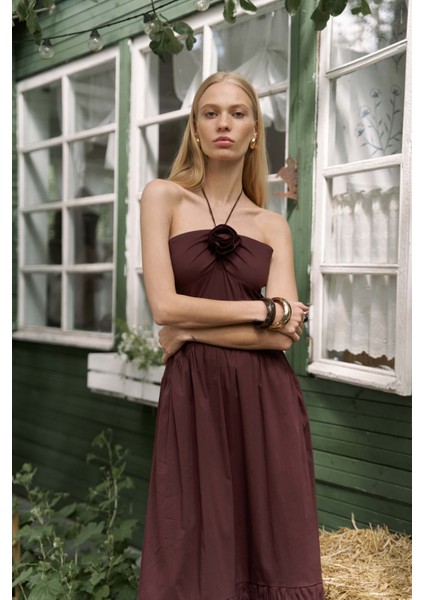 Elisa Gül Detay Bordo Uzun Elbise fırsatları