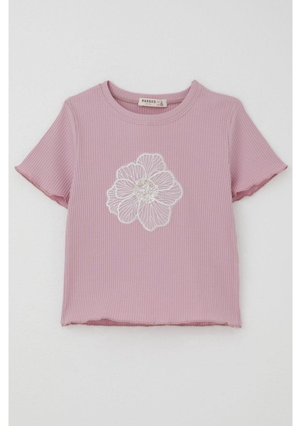 Kız Çocuk Tişört Tül Çiçek Armalı Boncuk Aksesuarlı Kemer Boy 8-14 Yaş, Lila