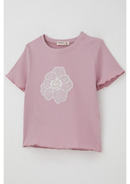 Kız Çocuk Tişört Tül Çiçek Armalı Boncuk Aksesuarlı Kemer Boy 8-14 Yaş, Lila modelleri