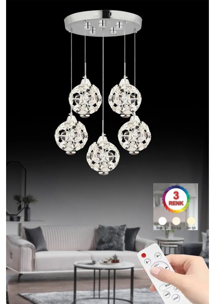 Istanbul Avize Dali 5'li Gümüş Kumandalı 3 Renk Ledli Modern LED Avize