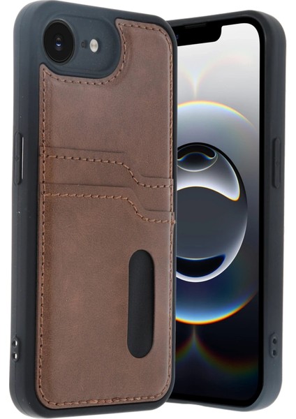 Newface iPhone 16E Kılıf Sara Kartvizitli Deri Kılıf - Taba
