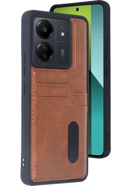 Newface Xiaomi Redmi 13C Kılıf Sara Kartvizitli Deri Kılıf - Taba