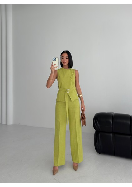 Kadın Keten Asimetrik Yelek Pantolon Ikili Takım